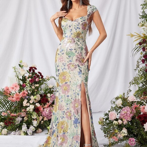 Multicolor Preppy Women's Floral Sequin Pattern Split Thigh Dress - Picture 1 of 6